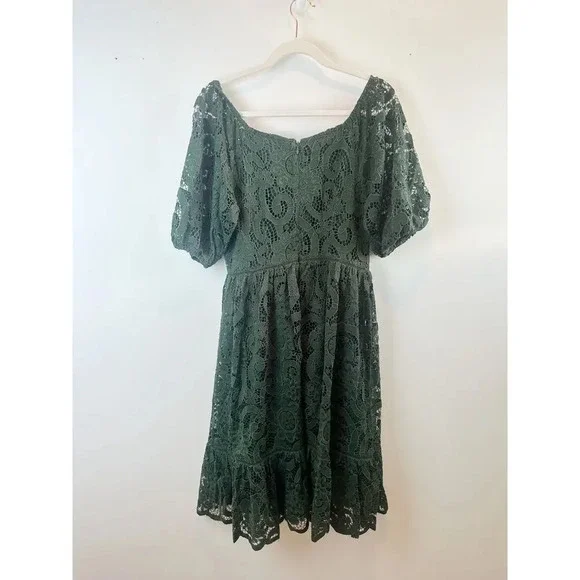 Nanette Lepore Dark Green Lace Midi Dress Puff Sleeve Holiday Size 8 - Picture 4 of 13